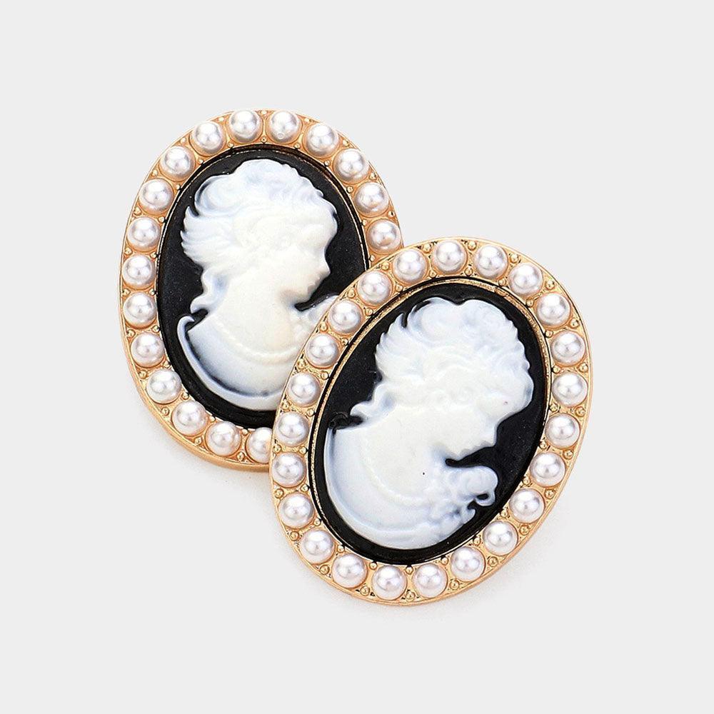 Black Pearl Embellished Cameo Stud Earrings - Jewelry Store by Erik Rayo