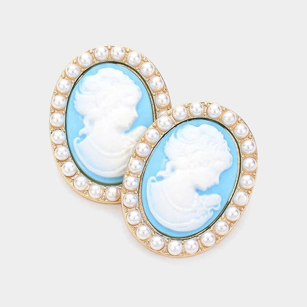 Blue Pearl Embellished Cameo Stud Earrings - Jewelry Store by Erik Rayo