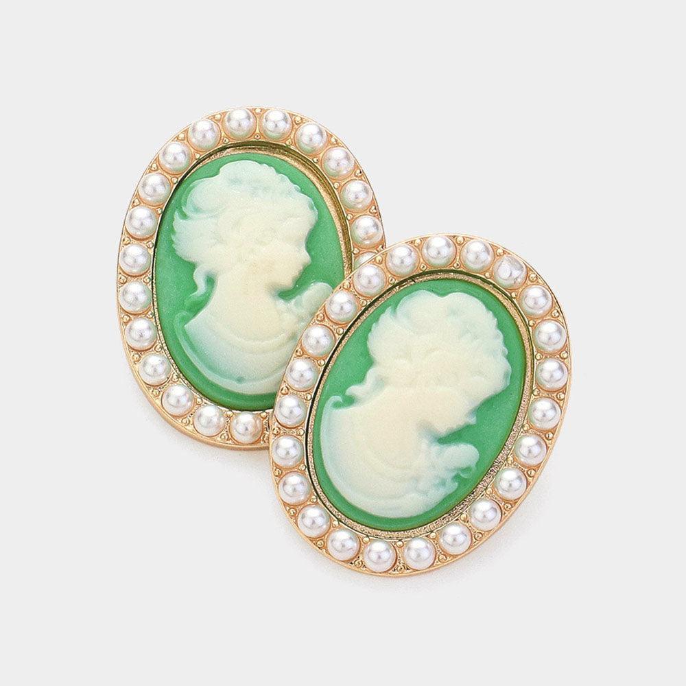 Green Pearl Embellished Cameo Stud Earrings