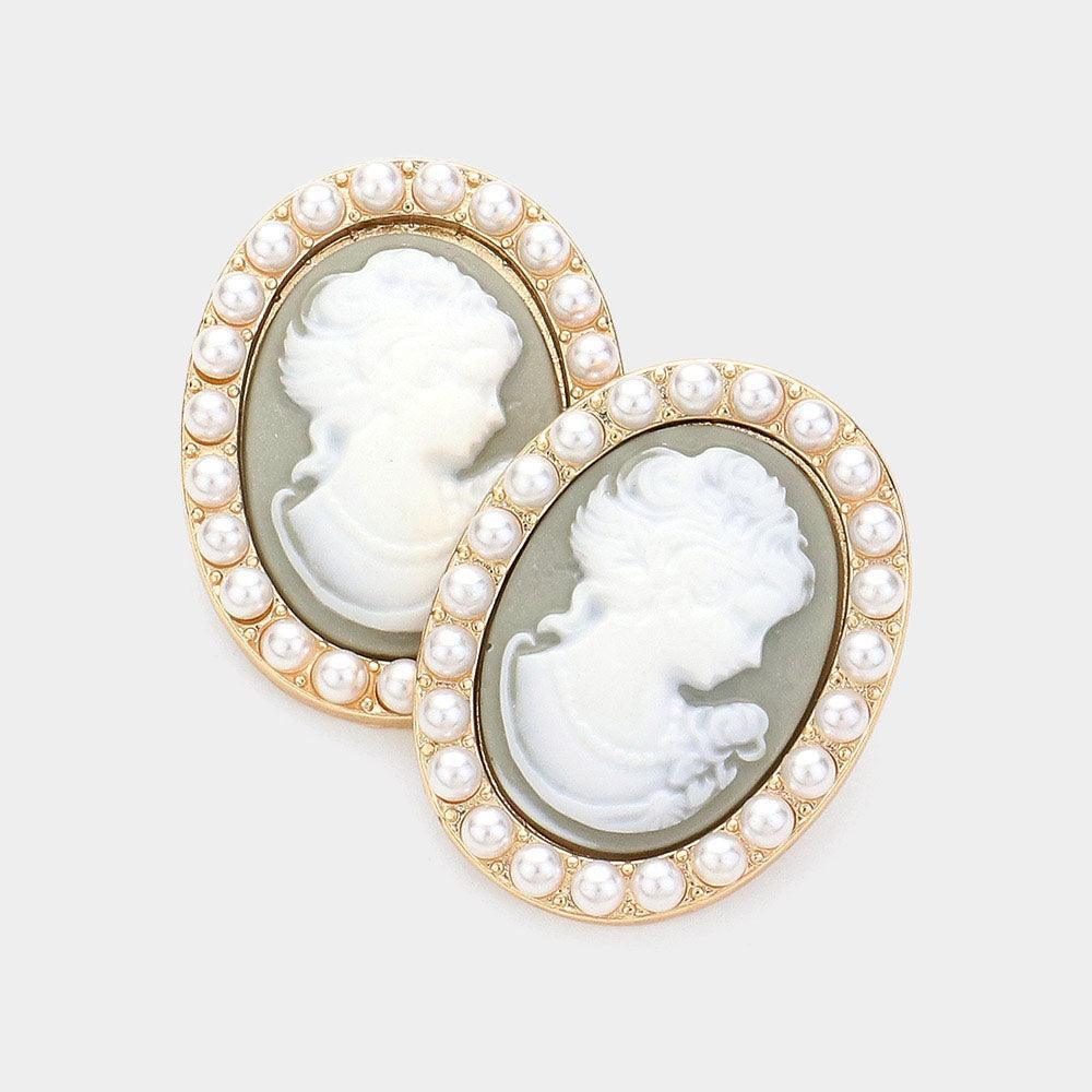 Silver Pearl Embellished Cameo Stud Earrings - Jewelry Store by Erik Rayo