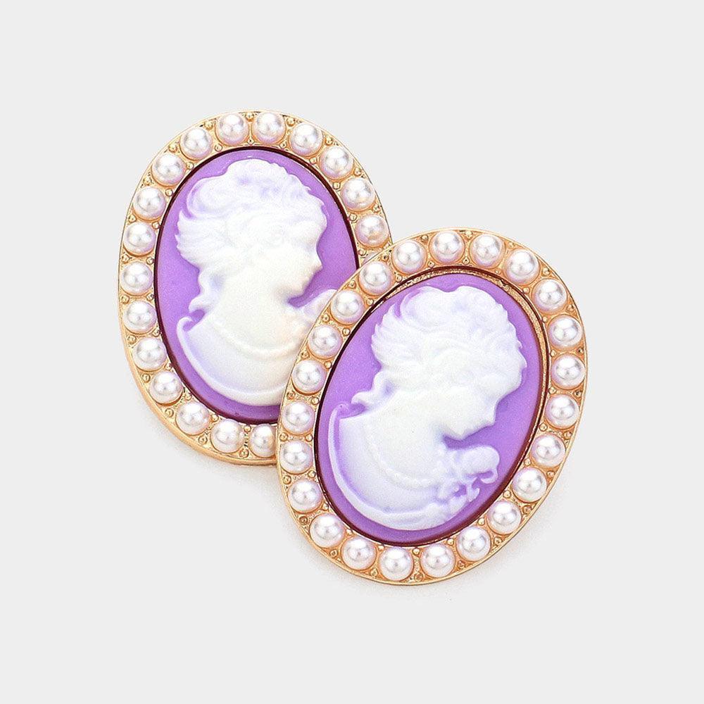Lavender Pearl Embellished Cameo Stud Earrings - Jewelry Store by Erik Rayo
