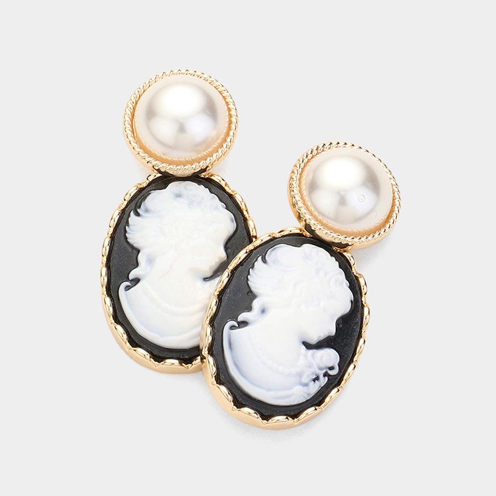 Black Pearl Pointed Cameo Dangle Earrings