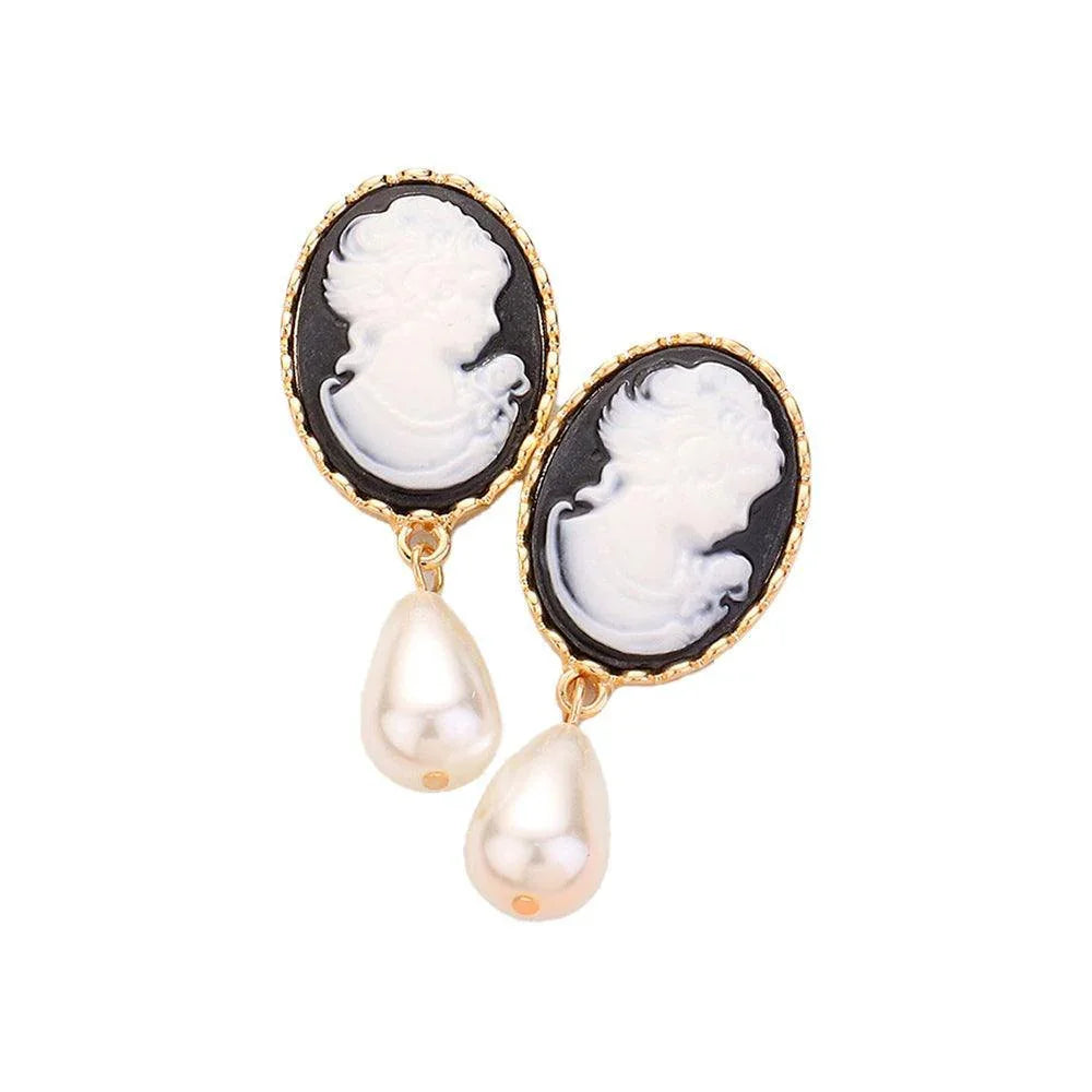 Black Teardrop Pearl Dangle Cameo Earrings - Jewelry Store by Erik Rayo