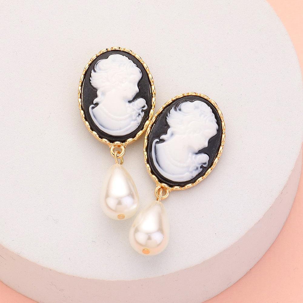 Black Teardrop Pearl Dangle Cameo Earrings - Jewelry Store by Erik Rayo