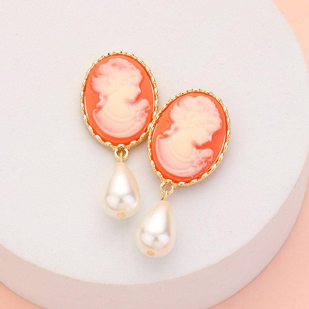 Teardrop Pearl Dangle Cameo Earrings