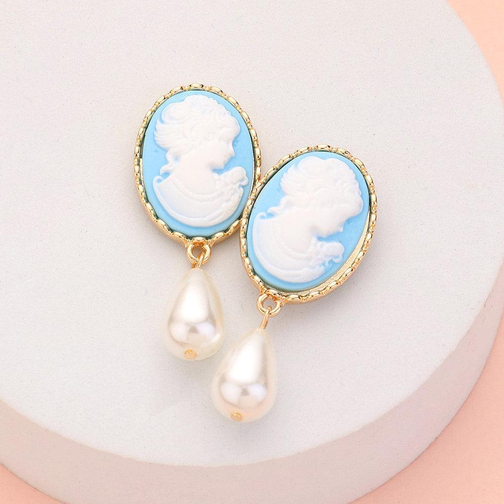 Blue Teardrop Pearl Dangle Cameo Earrings - Jewelry Store by Erik Rayo