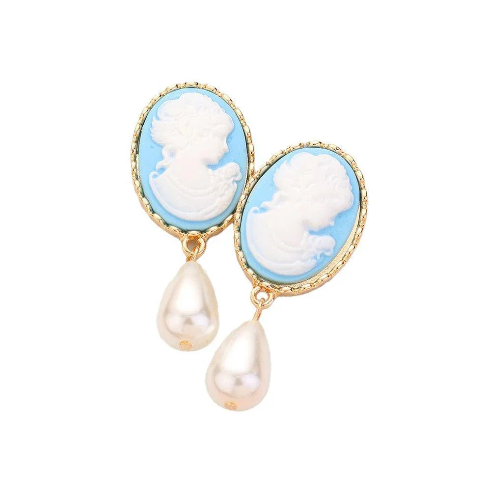 Blue Teardrop Pearl Dangle Cameo Earrings - Jewelry Store by Erik Rayo