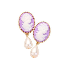 Load image into Gallery viewer, Lavender Teardrop Pearl Dangle Cameo Earrings
