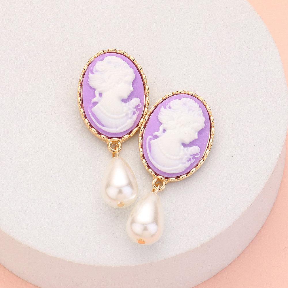 Lavender Teardrop Pearl Dangle Cameo Earrings