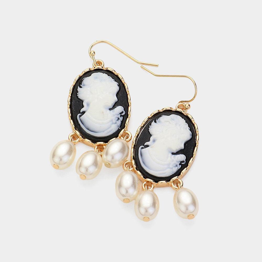 Black Triple Pearl Embellished Cameo Dangle Earrings - Jewelry Store by Erik Rayo