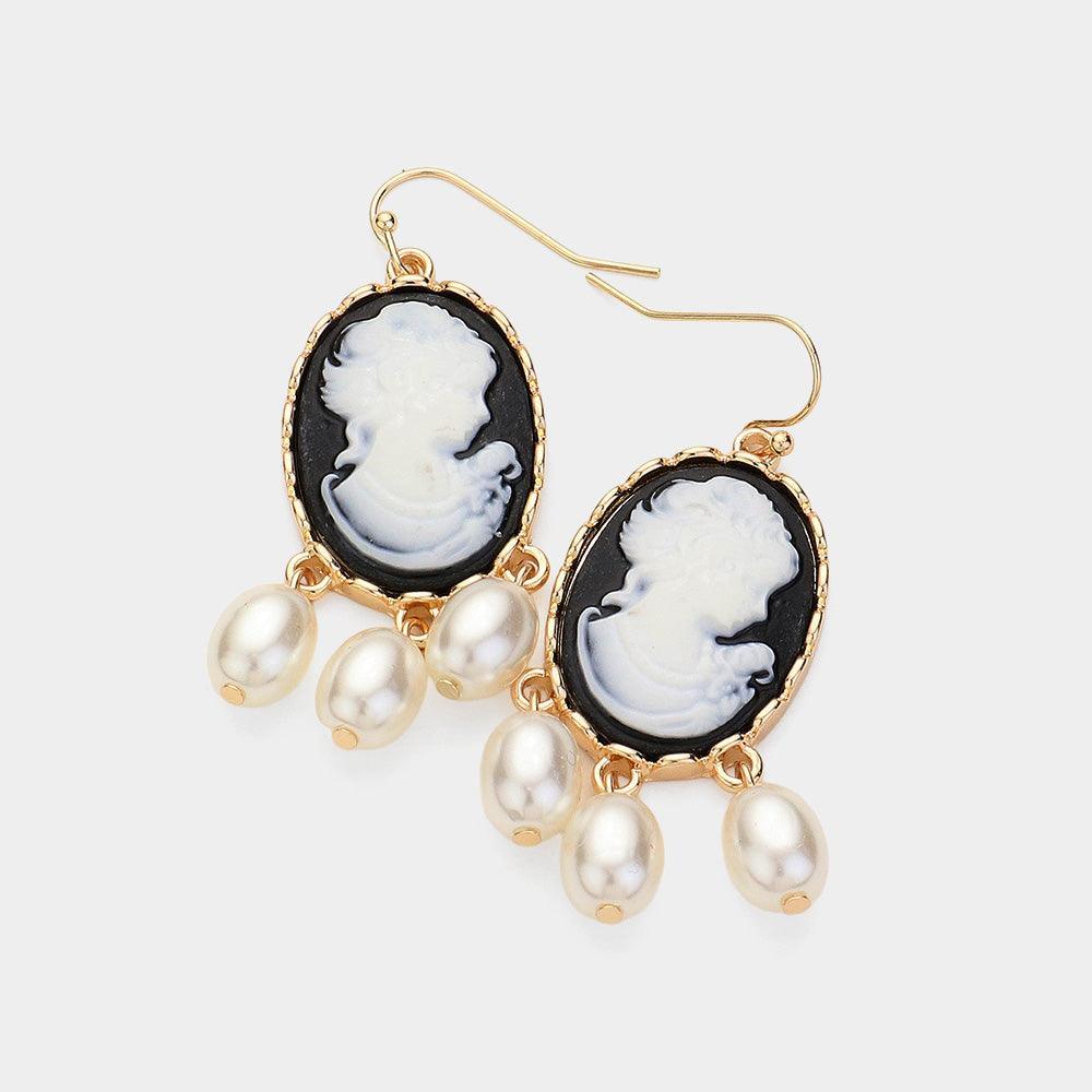 Black Triple Pearl Embellished Cameo Dangle Earrings