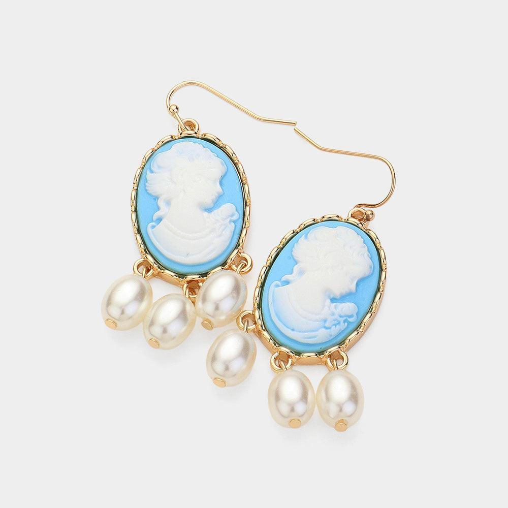 Blue Triple Pearl Embellished Cameo Dangle Earrings - Jewelry Store by Erik Rayo