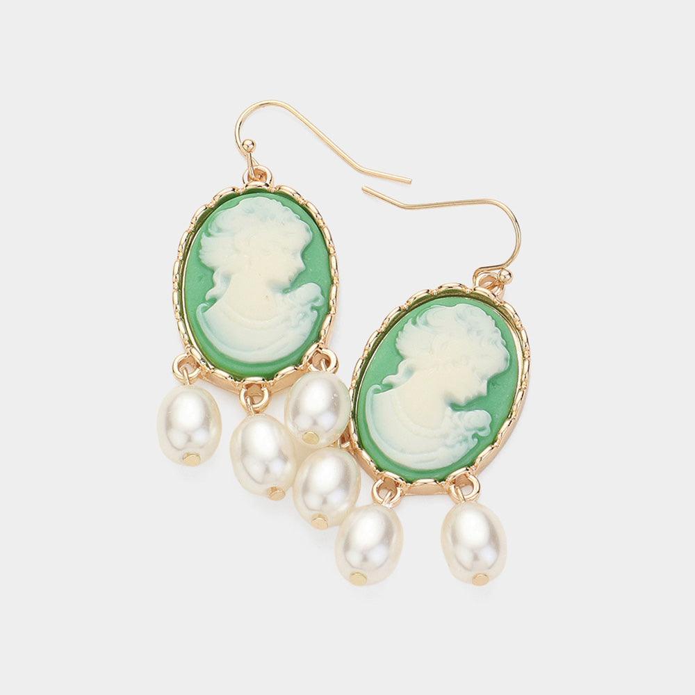 Green Triple Pearl Embellished Cameo Dangle Earrings