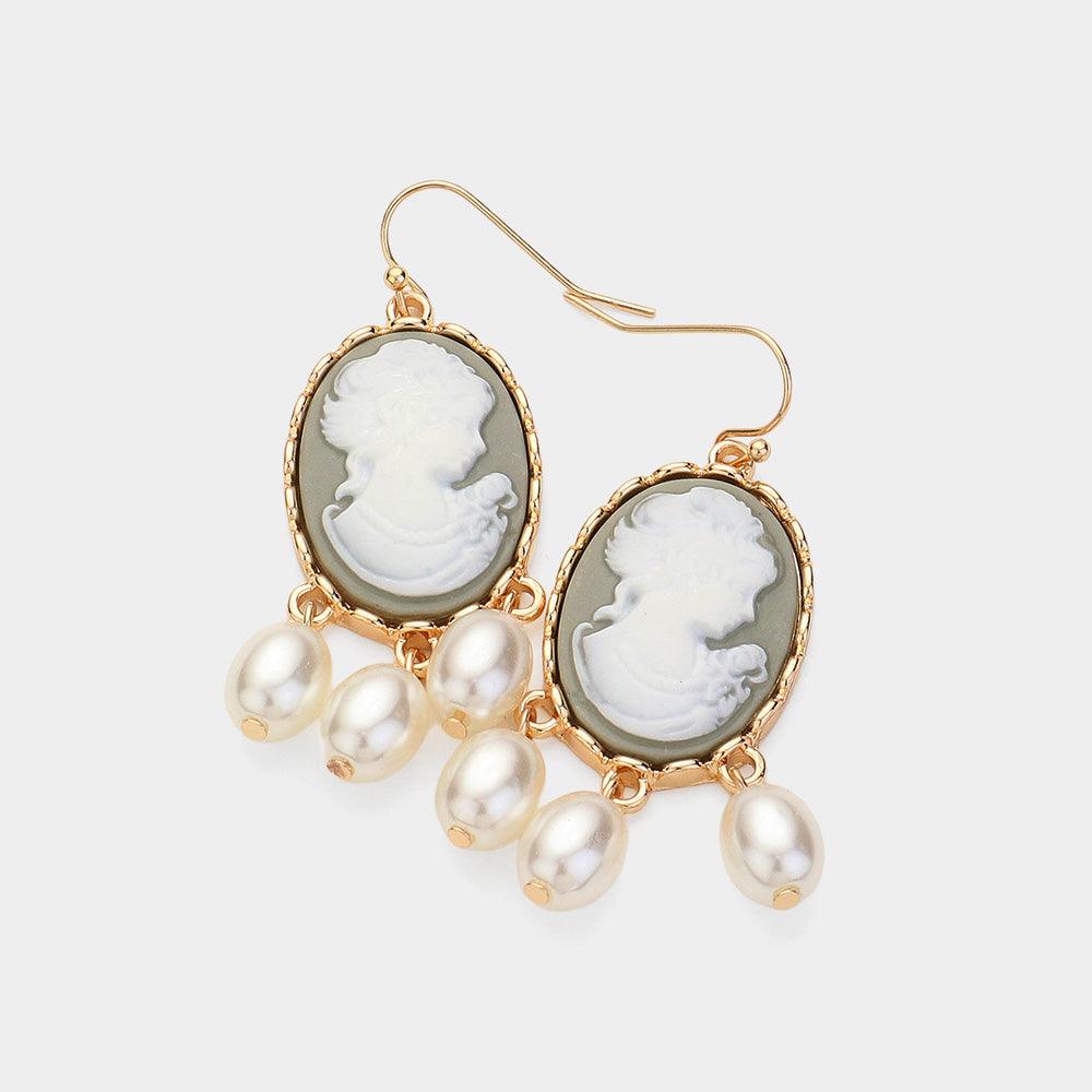 Silver Triple Pearl Embellished Cameo Dangle Earrings
