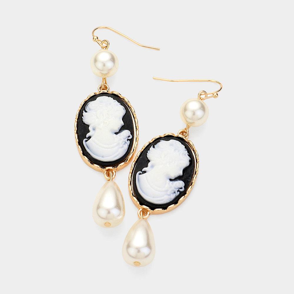 Black Pearl Pointed Cameo Dangle Earrings