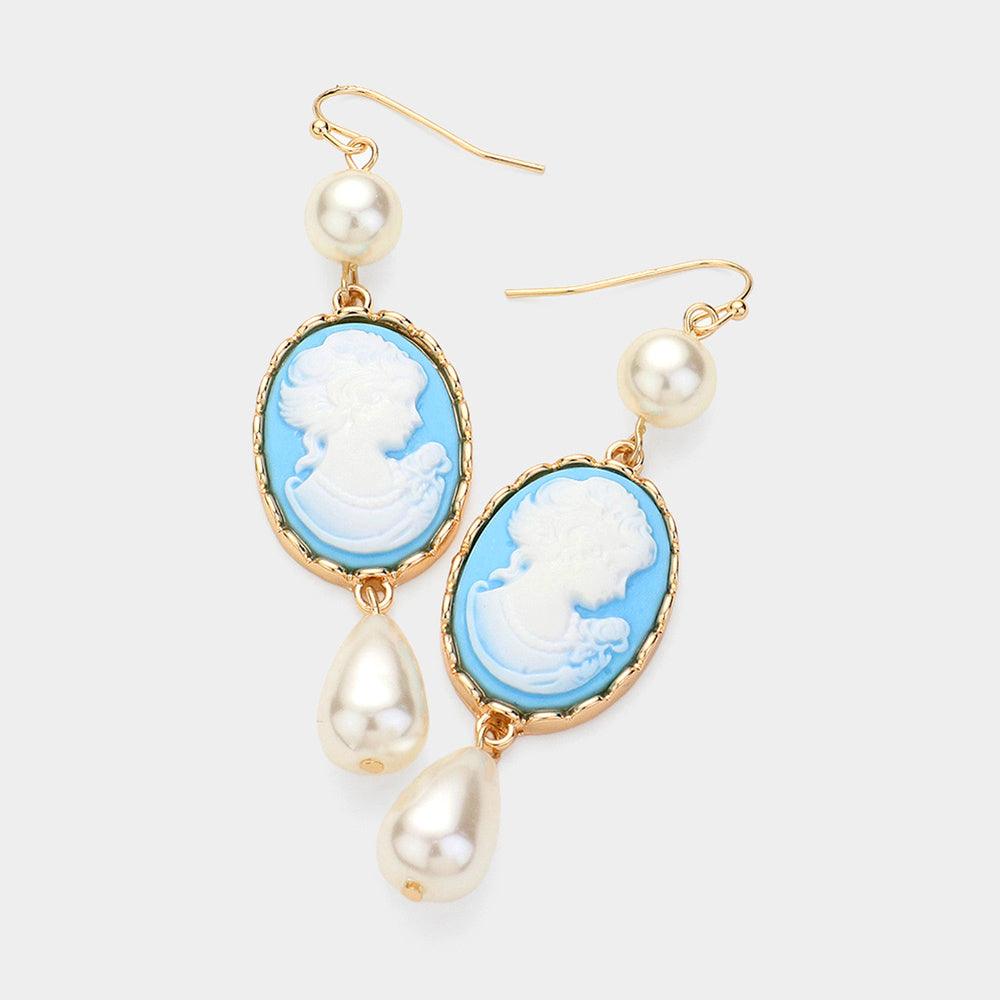 Blue Pearl Pointed Cameo Dangle Earrings