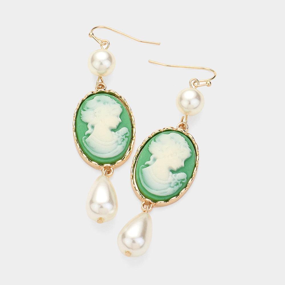 Green Pearl Pointed Cameo Dangle Earrings