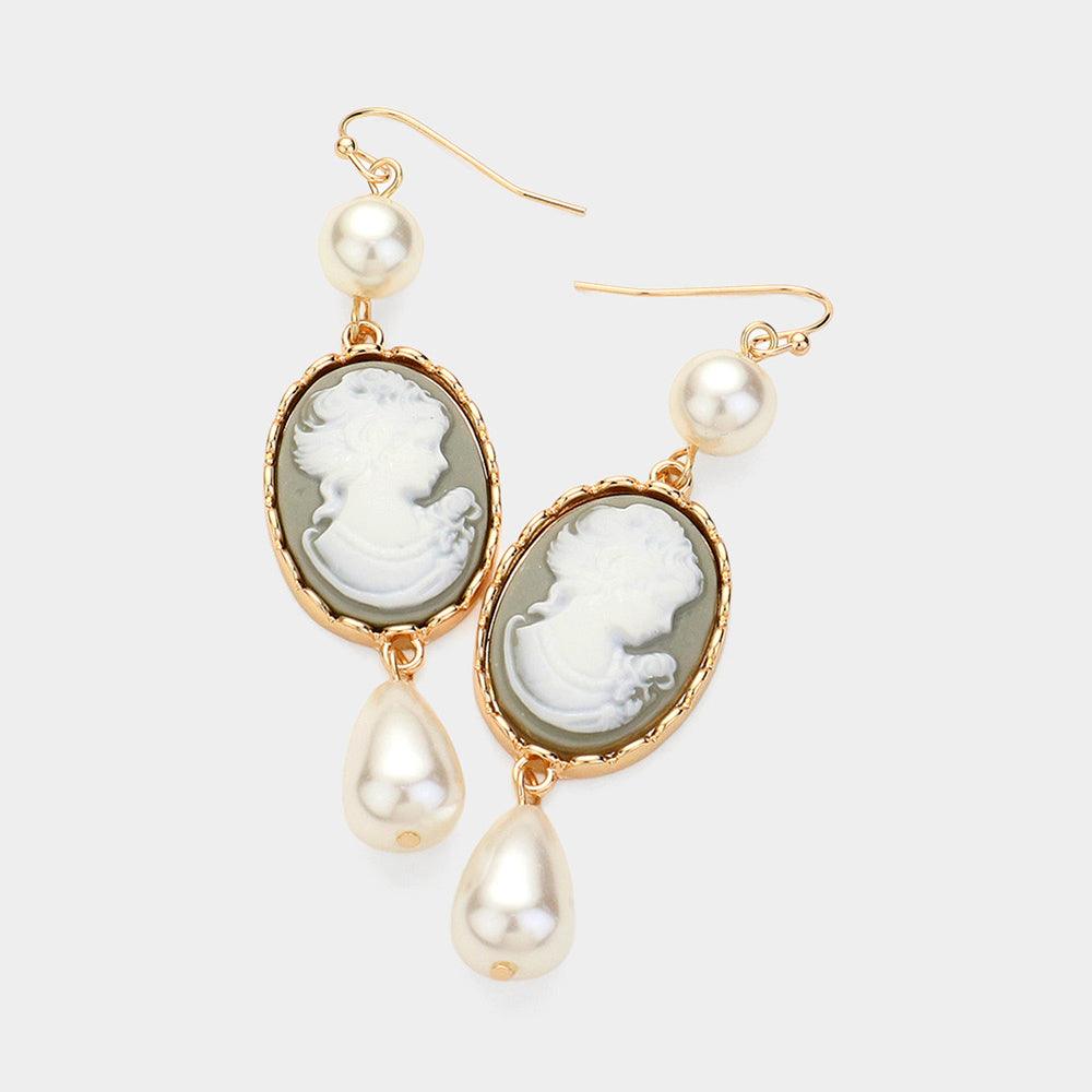 Silver Pearl Pointed Cameo Dangle Earrings