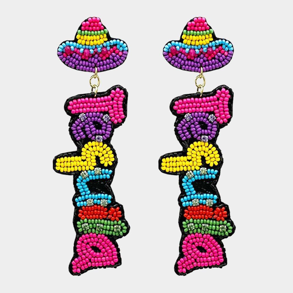 Felt Back Seed Beaded Tequila Message Fiesta Dangle Earrings - Jewelry Store by Erik Rayo