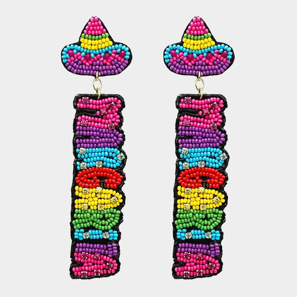 Felt Back Seed Beaded Margarita Message Fiesta Dangle Earrings - Jewelry Store by Erik Rayo