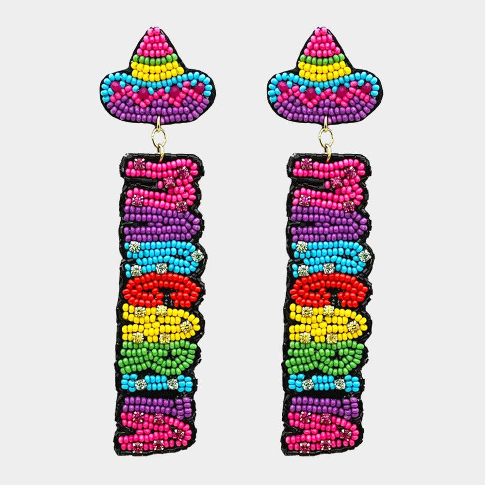 Felt Back Seed Beaded Margarita Message Fiesta Dangle Earrings