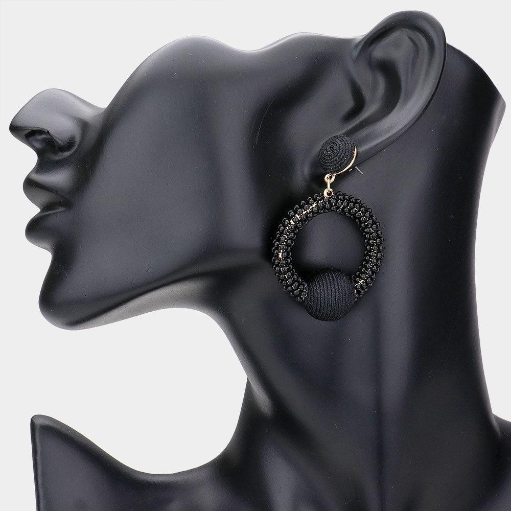 Black Thread Wrapped Ball Accented Seed Beaded Open Circle Dangle Earrings - Jewelry Store by Erik Rayo
