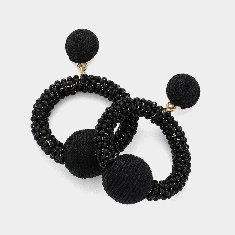 Black Thread Wrapped Ball Accented Seed Beaded Open Circle Dangle Earrings - Jewelry Store by Erik Rayo