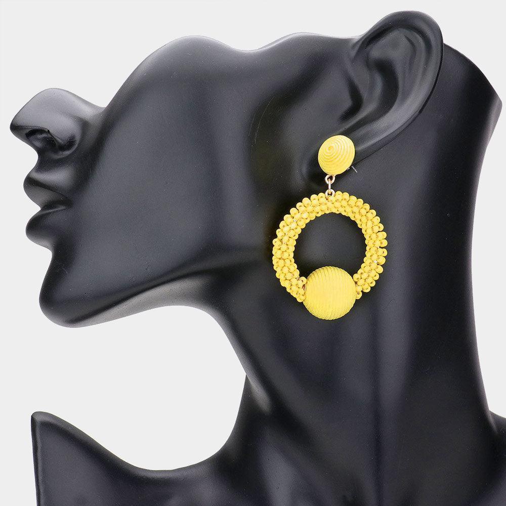 Yellow Thread Wrapped Ball Accented Seed Beaded Open Circle Dangle Earrings - Jewelry Store by Erik Rayo