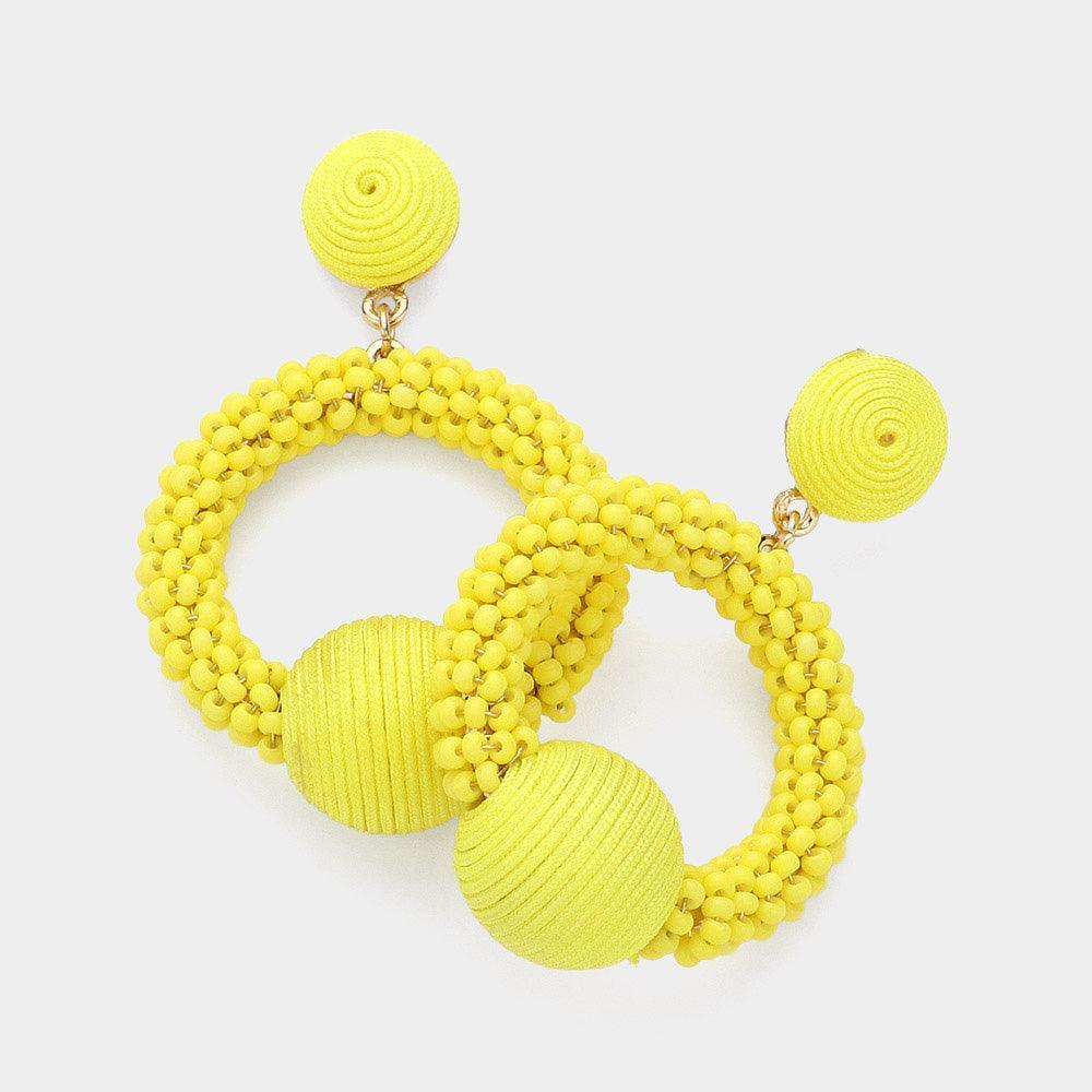 Yellow Thread Wrapped Ball Accented Seed Beaded Open Circle Dangle Earrings - Jewelry Store by Erik Rayo