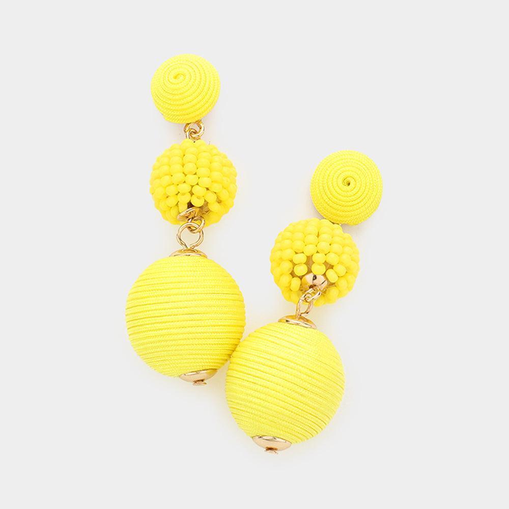 Yellow Seed Beaded Thread Wrapped Ball Link Dangle Earrings - Jewelry Store by Erik Rayo