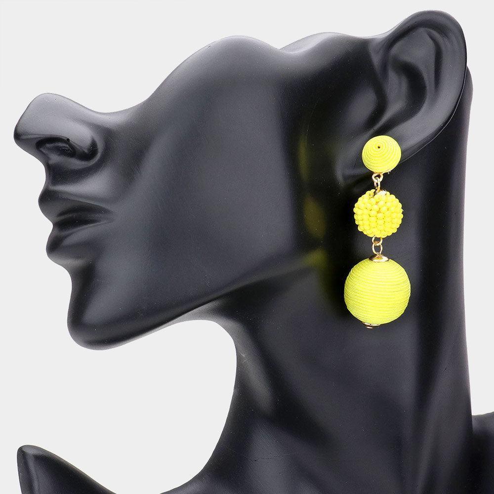 Yellow Seed Beaded Thread Wrapped Ball Link Dangle Earrings - Jewelry Store by Erik Rayo
