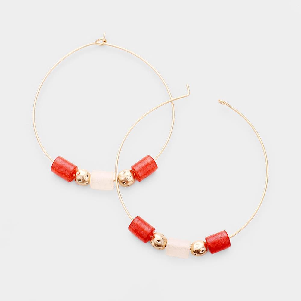 Red Natural Stone Accented Hoop Earrings