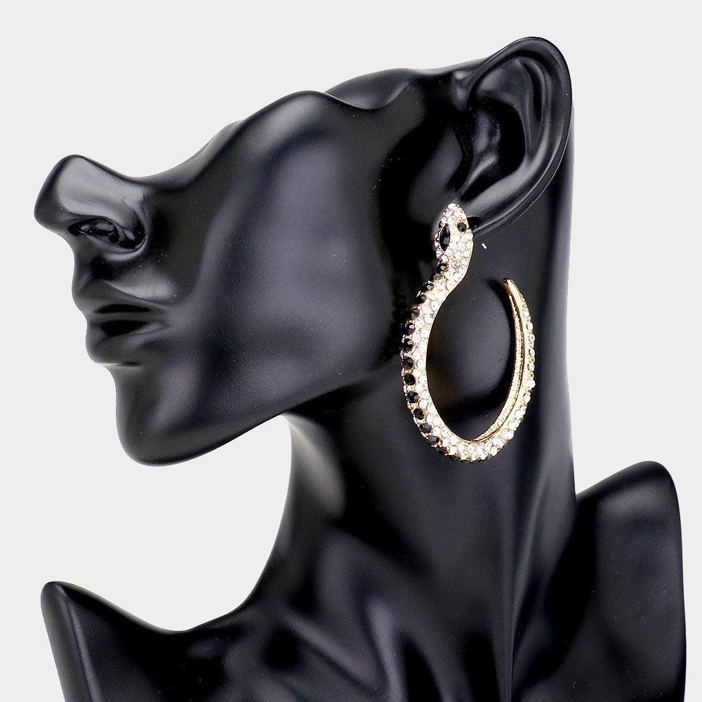 Gold Crystal Rhinestone Pave Textured Metal Snake Hoop Earrings - Jewelry Store by Erik Rayo