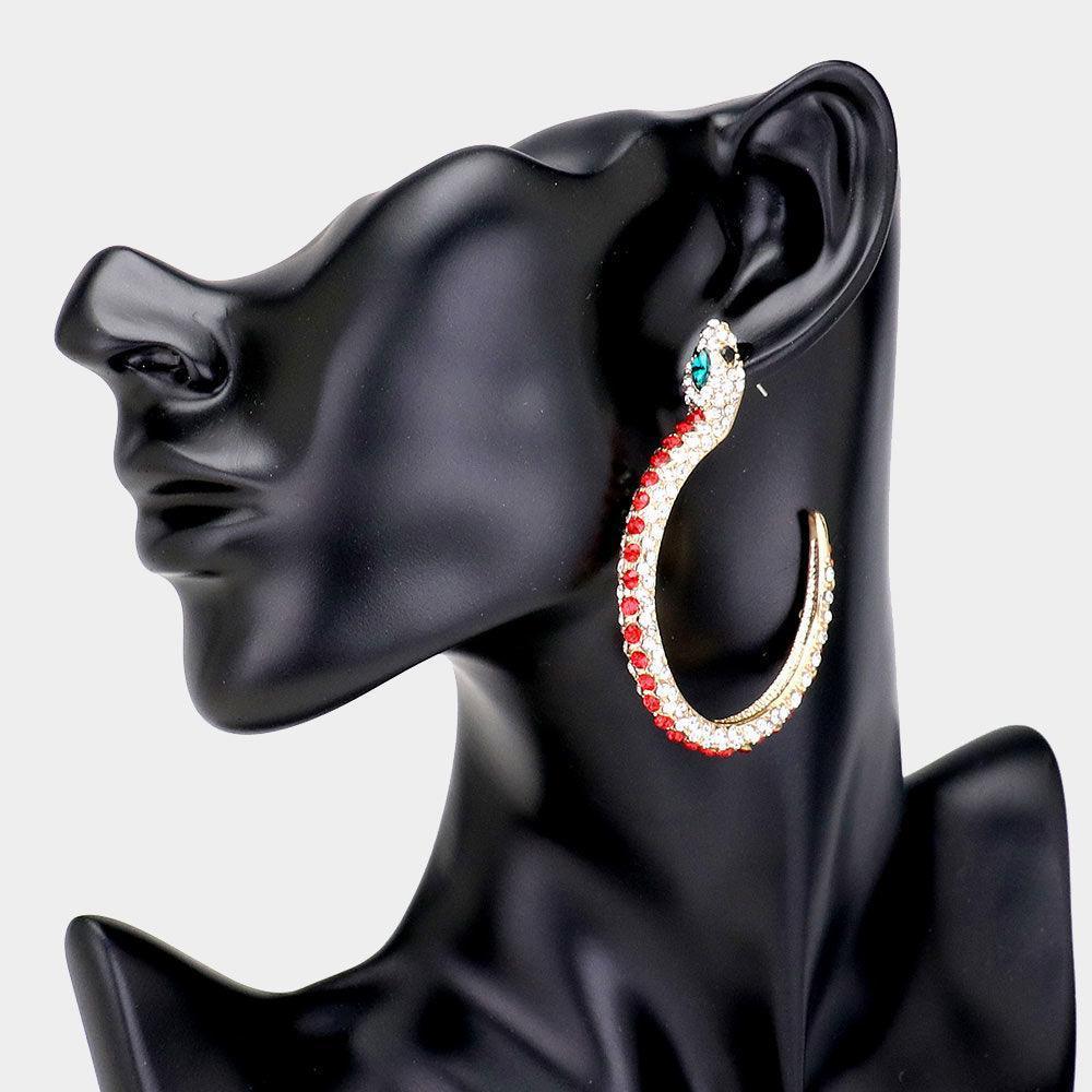 Red Crystal Rhinestone Pave Textured Metal Snake Hoop Earrings - Jewelry Store by Erik Rayo