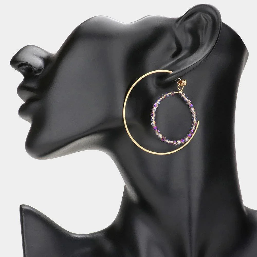 Purple Beaded Hoop Half Metal Hoop Earrings - Jewelry Store by Erik Rayo