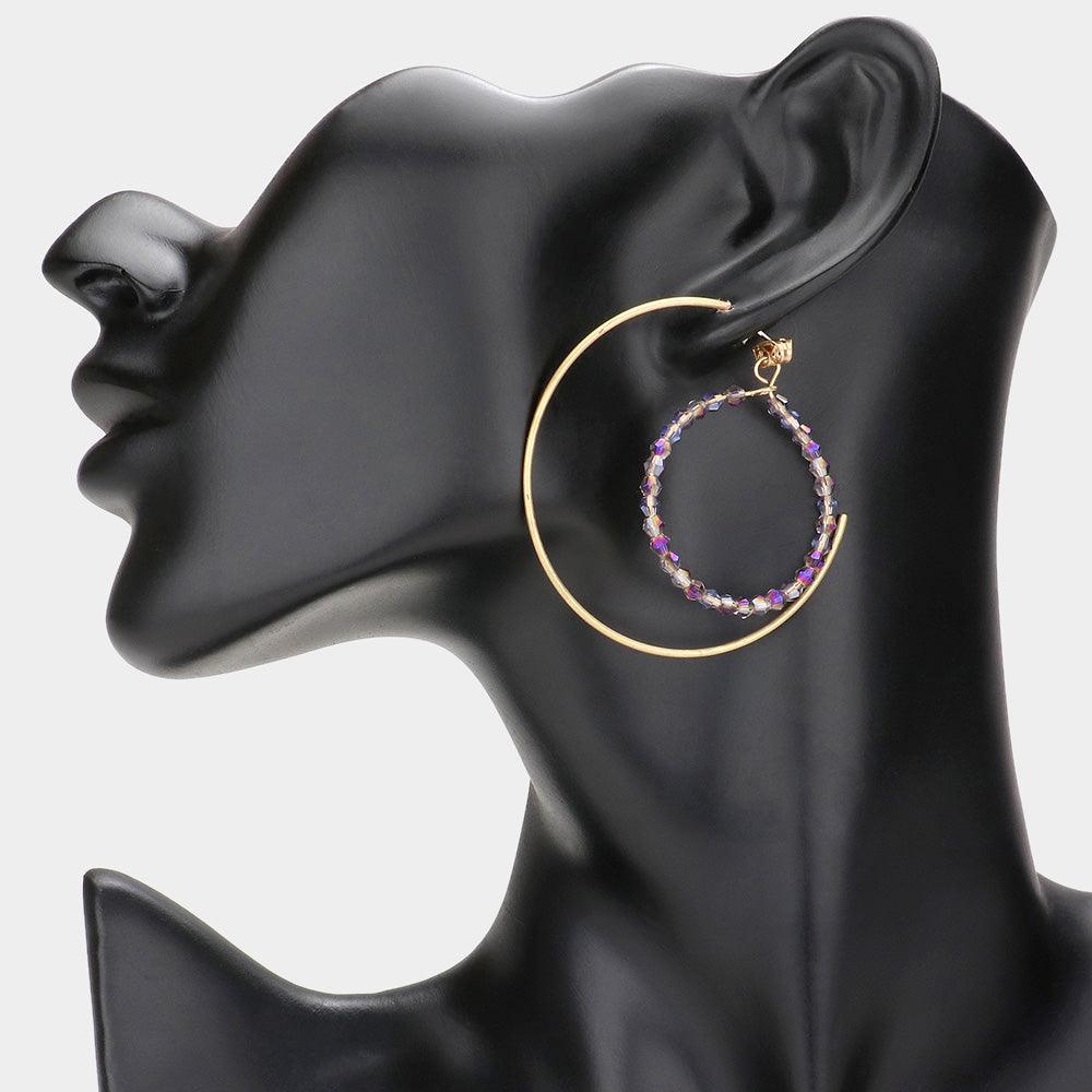 Purple Beaded Hoop Half Metal Hoop Earrings