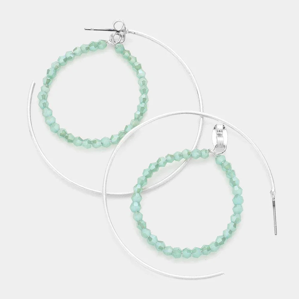 Mint Beaded Hoop Half Metal Hoop Earrings - Jewelry Store by Erik Rayo
