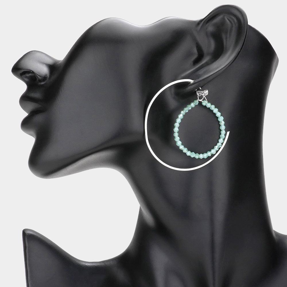 Mint Beaded Hoop Half Metal Hoop Earrings