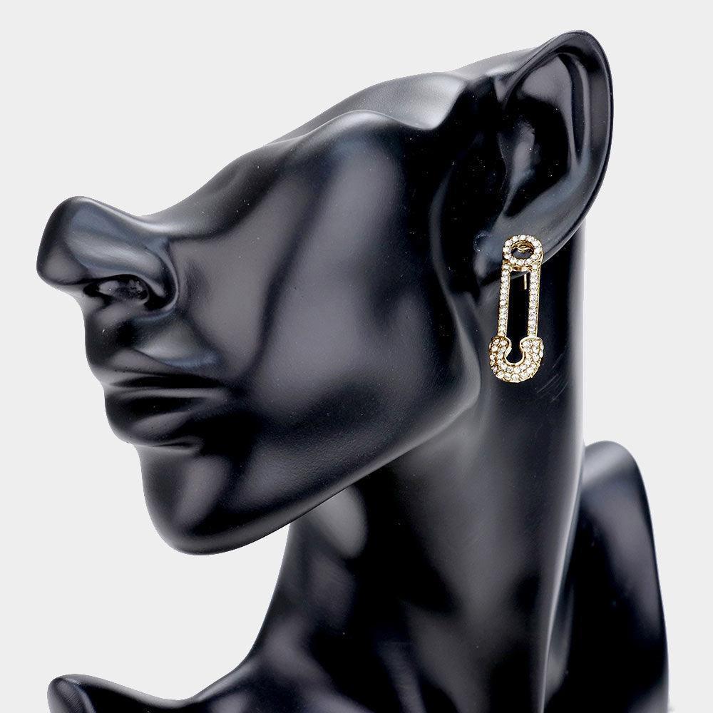 Gold Rhinestone Pave Safety Pin Earrings - Jewelry Store by Erik Rayo