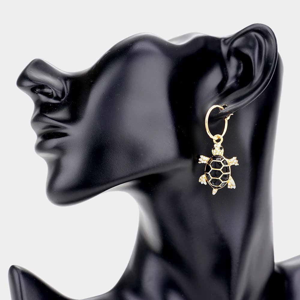 Gold Enamel Turtle Dangle Pin Catch Earrings - Jewelry Store by Erik Rayo