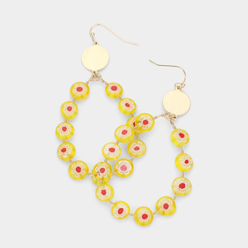 Yellow Patterned Bead Open Teardrop Dangle Earrings