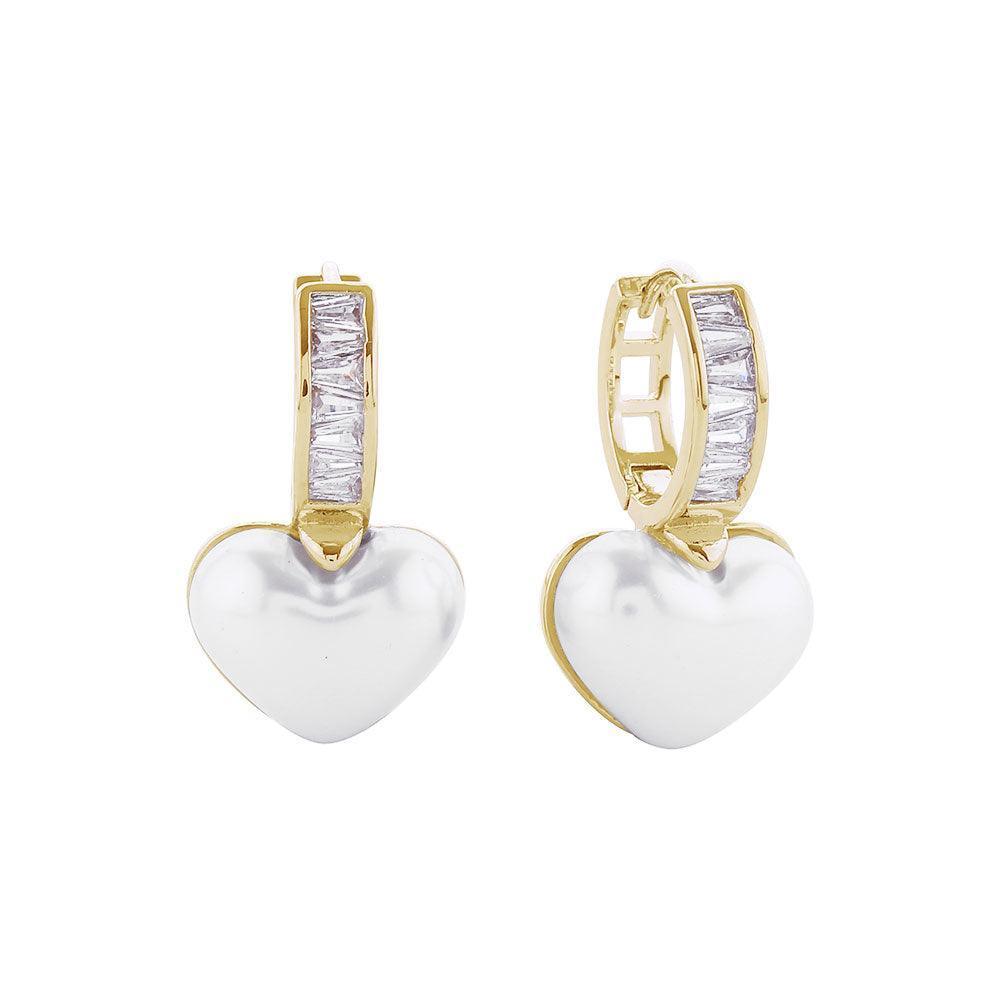 Gold 14K Gold Dipped CZ Stone Paved Heart Pearl Dangle Huggie Earrings - Jewelry Store by Erik Rayo
