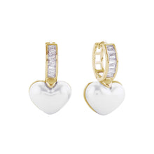 Load image into Gallery viewer, Gold 14K Gold Dipped CZ Stone Paved Heart Pearl Dangle Huggie Earrings
