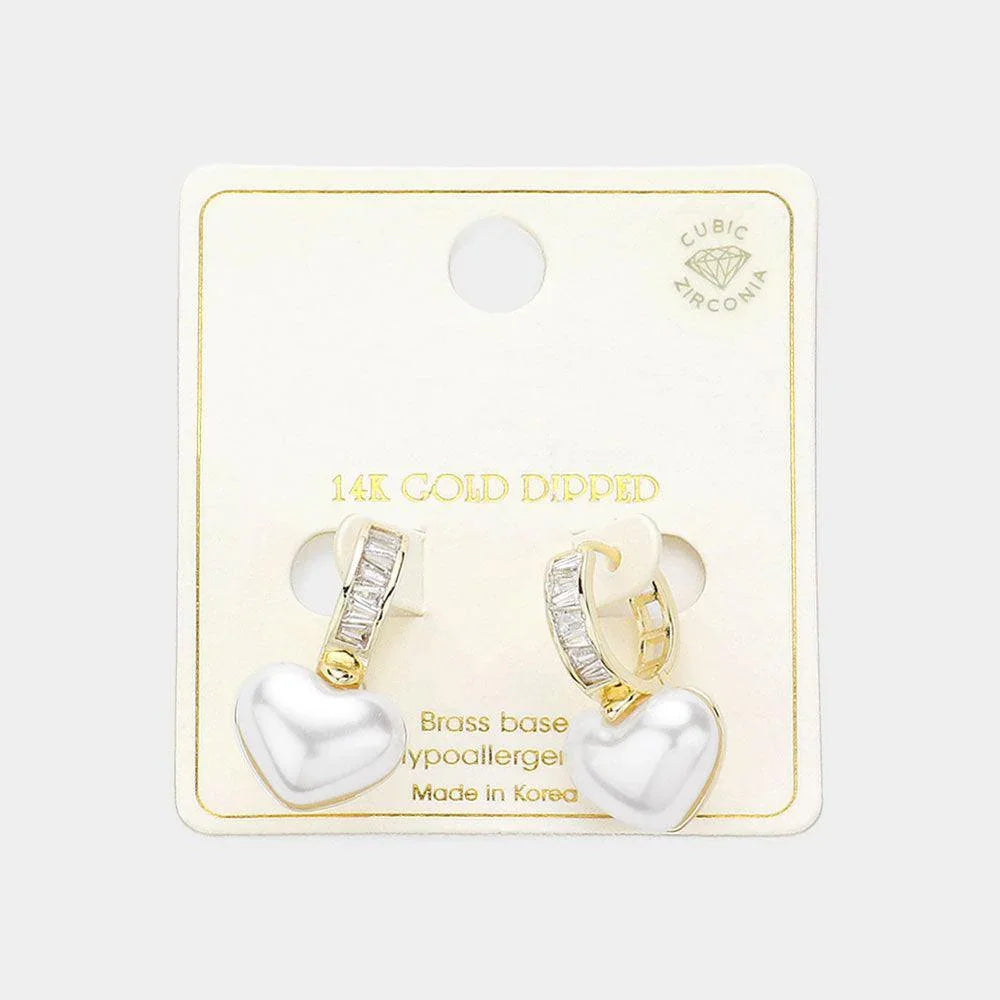 Gold 14K Gold Dipped CZ Stone Paved Heart Pearl Dangle Huggie Earrings - Jewelry Store by Erik Rayo