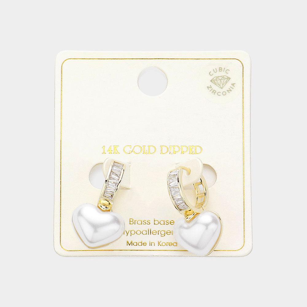 Gold 14K Gold Dipped CZ Stone Paved Heart Pearl Dangle Huggie Earrings