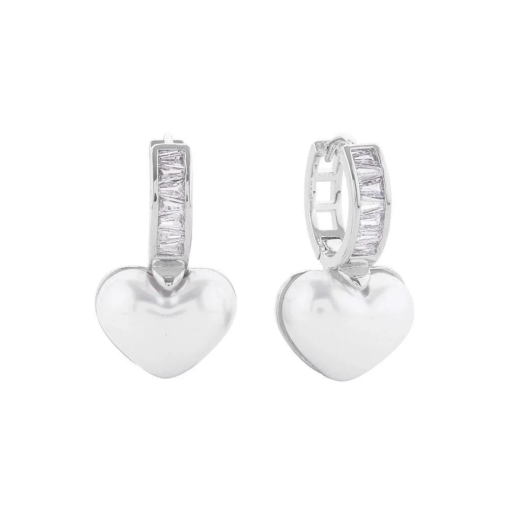 Silver White Gold Dipped CZ Stone Paved Heart Pearl Dangle Huggie Earrings - Jewelry Store by Erik Rayo