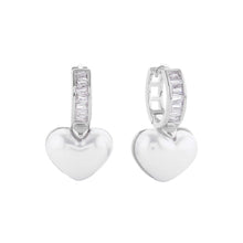 Load image into Gallery viewer, Silver White Gold Dipped CZ Stone Paved Heart Pearl Dangle Huggie Earrings
