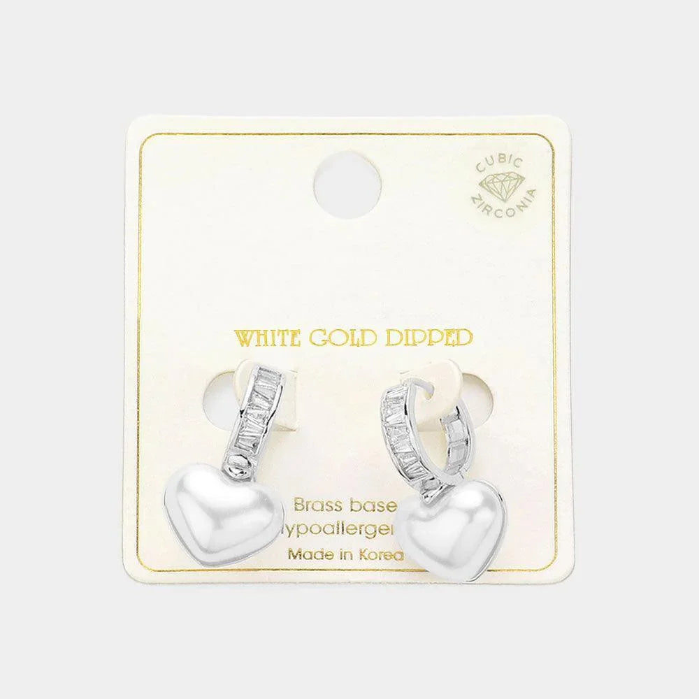 Silver White Gold Dipped CZ Stone Paved Heart Pearl Dangle Huggie Earrings - Jewelry Store by Erik Rayo