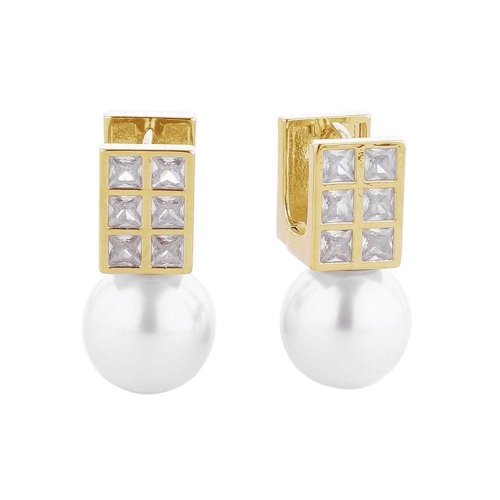 Gold 14K Gold Dipped Square CZ Stone Pearl Drop Huggie Earrings - Jewelry Store by Erik Rayo