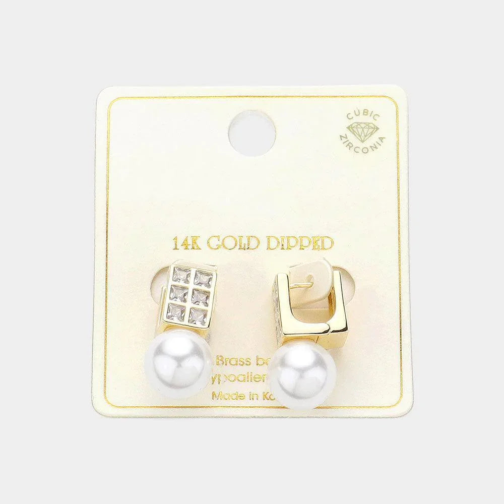 Gold 14K Gold Dipped Square CZ Stone Pearl Drop Huggie Earrings - Jewelry Store by Erik Rayo